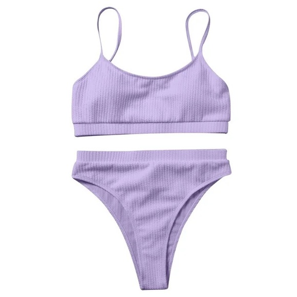 NEW - Lavender High Waisted Two Piece Ribbed Bikini Set - Picture 1 of 12
